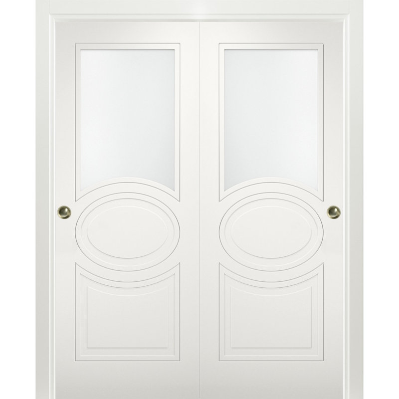 Portes coulissantes en verre opaque pour garde-robe, 56 x 84 pouces, Mela 7012, rails blancs mats, quincaillerie, portes de placard en bois massif pour chambre à coucher