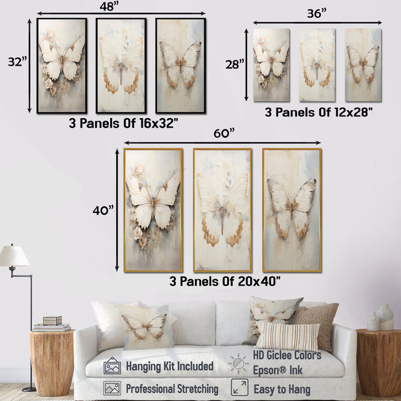3 pièces sur toile - Minimalisme papillon beige, Cadre flottant doré, H 28 po x l 36 po