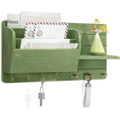  Pine Wood Key Holder Wall Mount for Apartment Essentials - Farmhouse Key Holder for Wall with Mail Slot & Shelf for Mail & Accessories - Rustic Charm for Home Decor Aesthetic (Green)