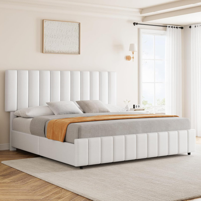 Queen PU Leather Upholstered Platform Bed Frame with 4 Storage Drawers Adjustable Headboard Wooden Slats Support No Box Spring Needed White