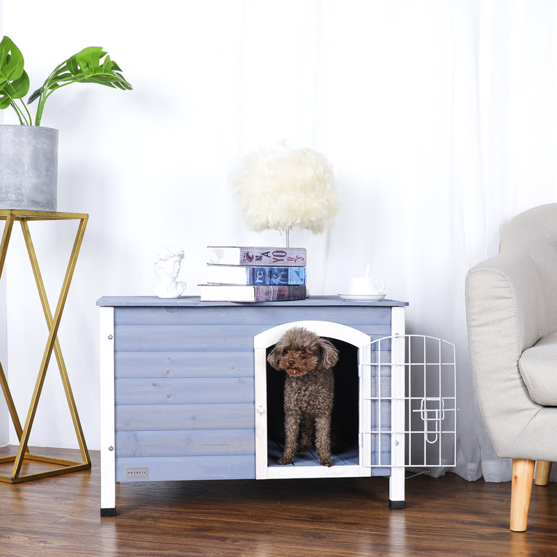 Dog House Indoor with Elevated Floor&Anti-Slip Bottom, Wooden Dog House with Lockable Iron Door, Grey