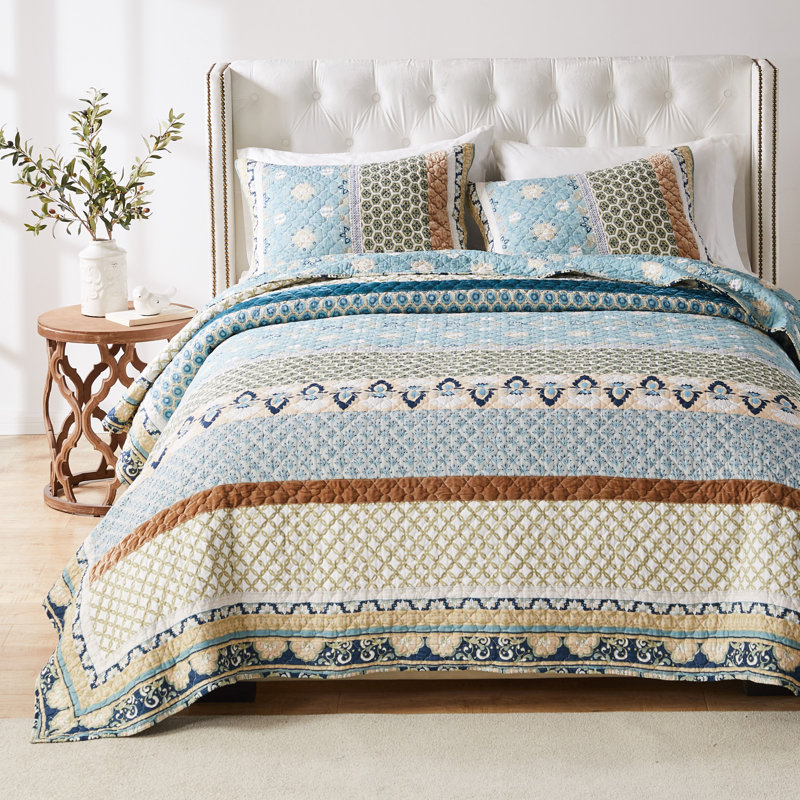 Thalia Blue Cotton Reversible Full Quilt Set