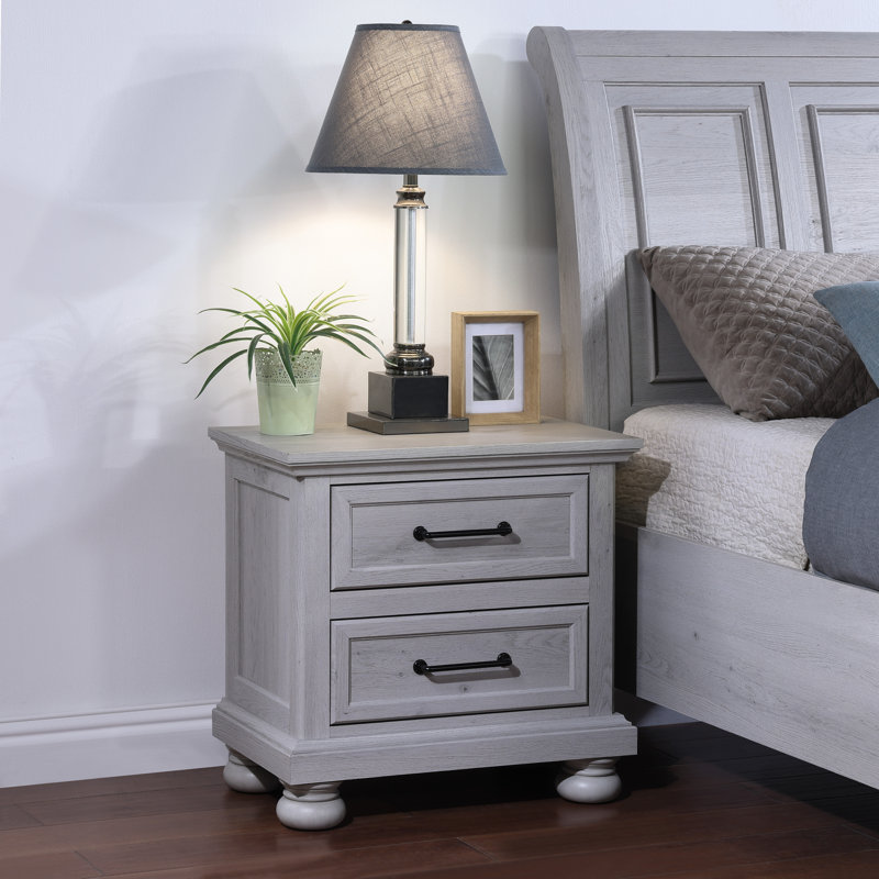 25" Wide Farmhouse 2-Drawer Nightstand in Gray with USB Charging