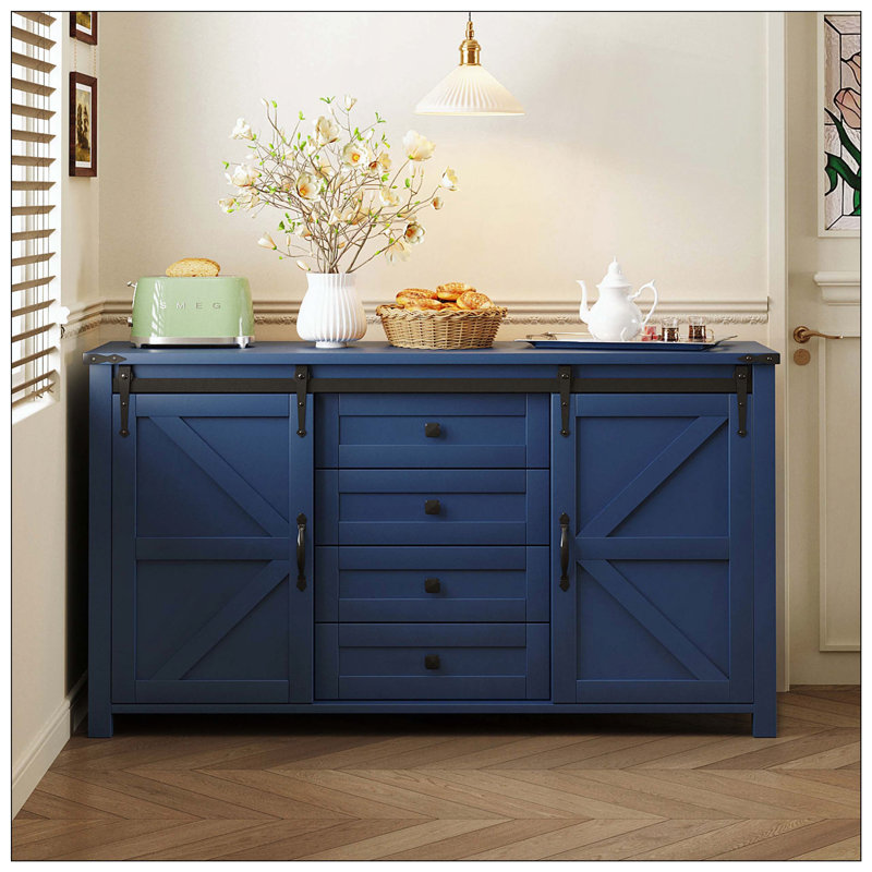 Buffet Farmhouse avec portes coulissantes et prises de courant, Navy Blue