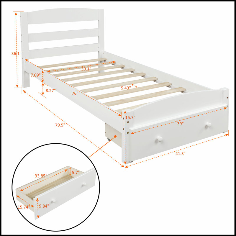 Élégante base de lit plateforme en bois avec tiroir de rangement et support en lattes de bois, aucun sommier requis, Blanc