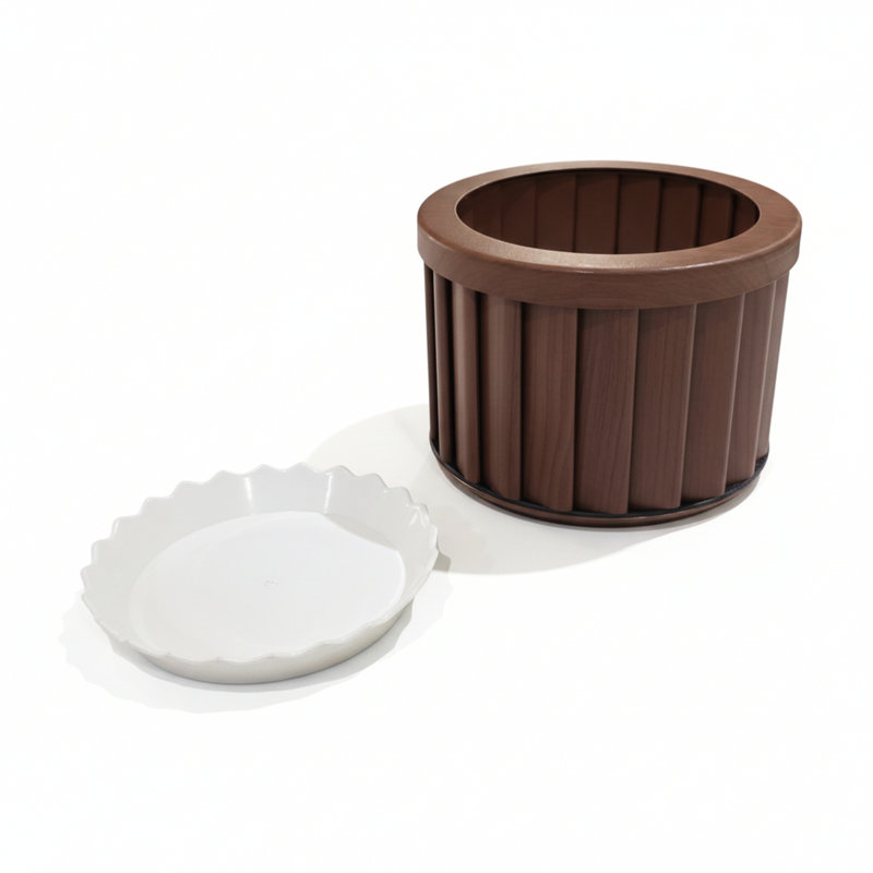 Pot de fleurs rond brun foncé, drainage léger prédécoupé en aluminium avec dégagement d'eau, revêtement thermolaqué couleur bois, plateau de rangement interne de 8,21 po de profondeur, 6,15 po de hauteur, 3,03 lb de brun moyen, avec