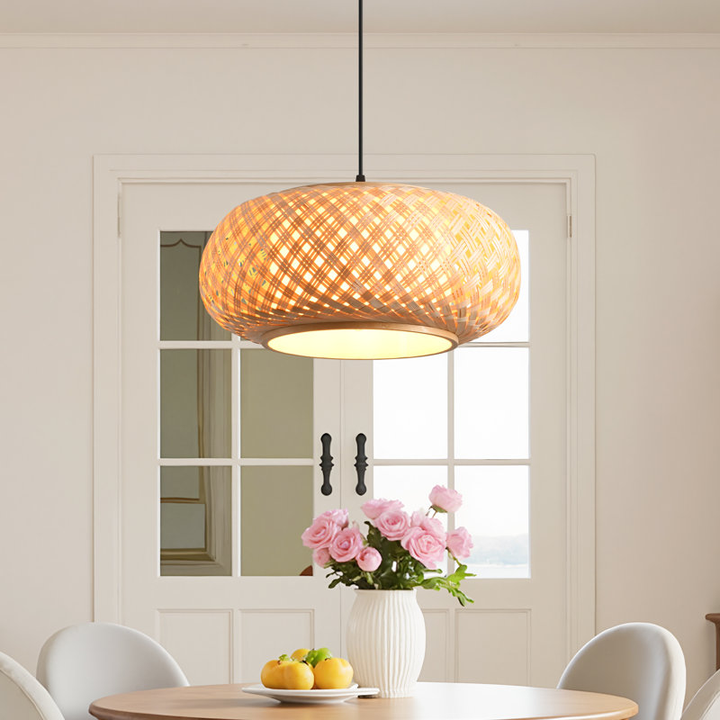 Luminaire suspendu tambour en rotin naturel tissé à la main à 1 lumière 15,7 po Boho