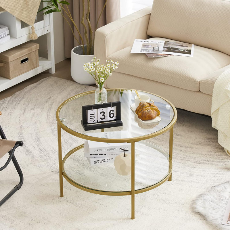 VINGLI Double Coffee Table Round Glass 78*78*49Cm, Champange Gold