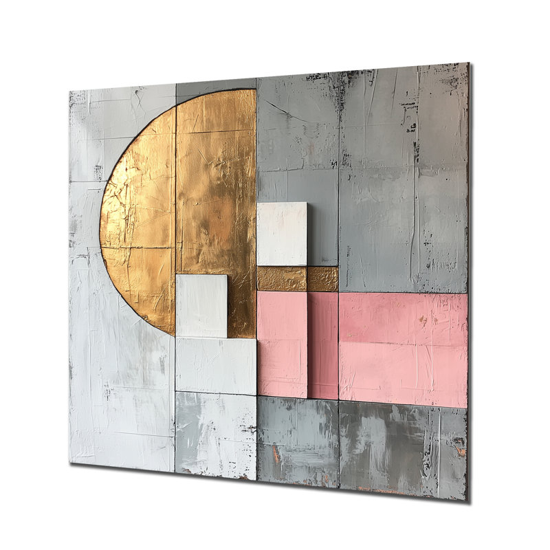 Motif géométrique abstrait géométrique doré rose et gris, H 29,5 po x l 29,5 po