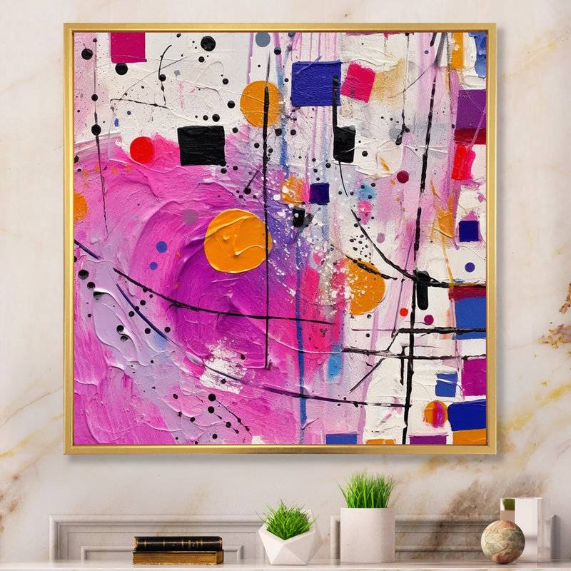 «Pink Cubism Unleashed» sur toile, H 30 po x l 30 po x P 1 po, Cadre flottant doré