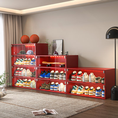 Red Glass Door Shoe Box Shoe Storage Cabinet For Sneakers With RGB Led Light