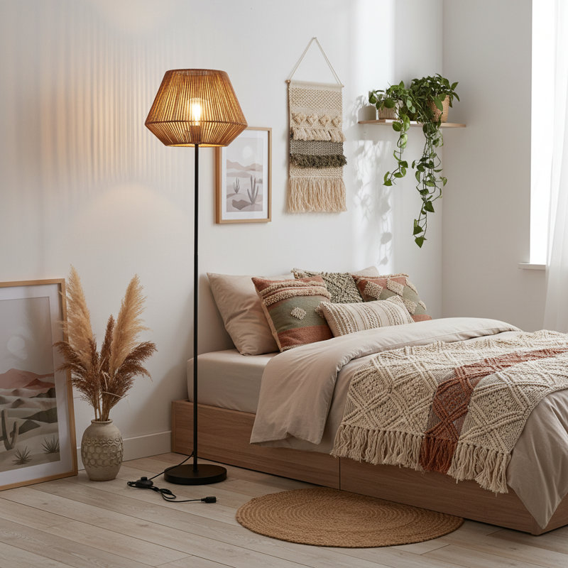 Handcrafted Diamond-shaped Rope Floor Lamp With Black Metal Base, Boho Modern Style, E26 Led Compatible