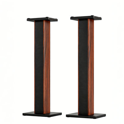 Supports pour haut-parleurs modernes texturés avec plateau en similicuir, détails grain de bois et gestion des câbles