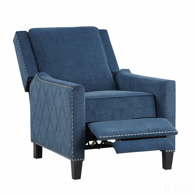 Fauteuil inclinable moderne en tissu texturé bleu - garniture cloutée, structure en bois massif, mouvement d'inclinaison automatique