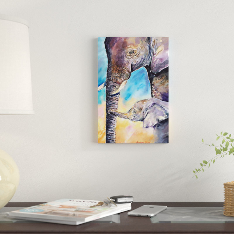 «Elephant Mother & Calf» par George Dyachenko, reproduction sur toile, H 40 po x l 26 po x P 1,5 po, Toile tendue