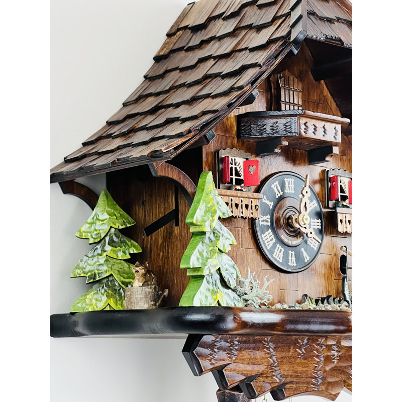  Horloge coucou en bois 14 po avec scène animée de pêcheur et de chalet