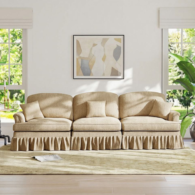 107.1''Mid-Century Chenille 3-Seater Sofa Couch with Ruffled Skirt, Brown