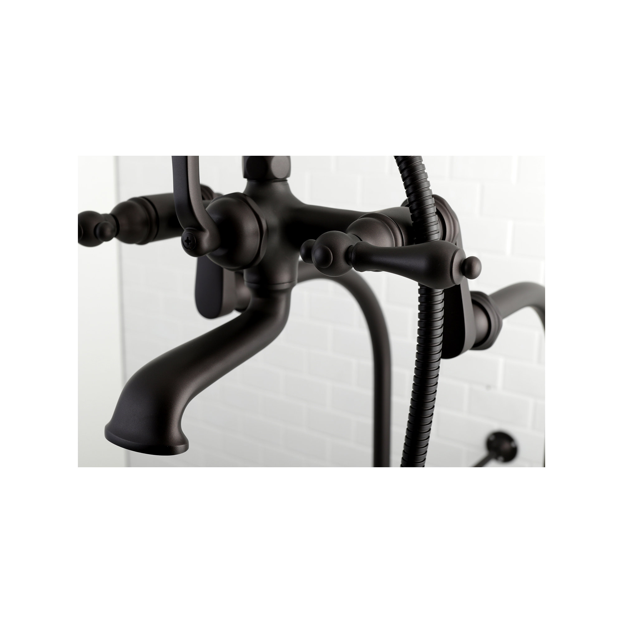 Kingston Brass Vintage Three-Handle 2-Hole Freestanding Clawfoot Tub Faucet Package with Supply Line and Hand Shower