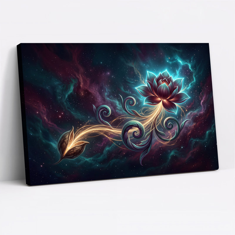 Toile de lotus rougeoyante dans une nébuleuse cosmique, art mural, 16"H x 24"W