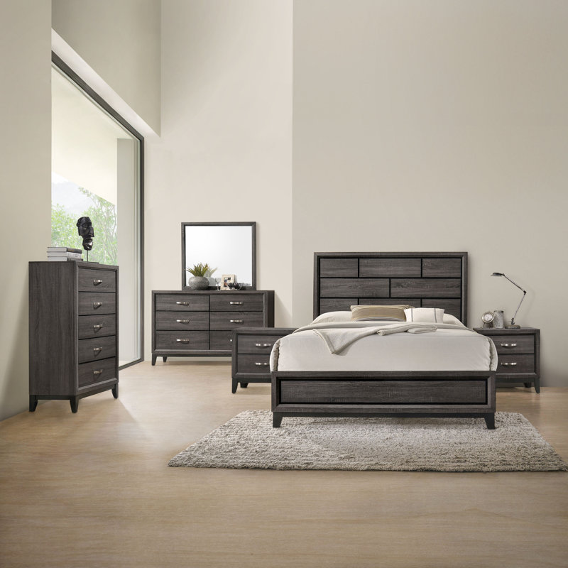 Ensemble de chambre à coucher 6 pièces Ferris, Très grand, Gris / noir
