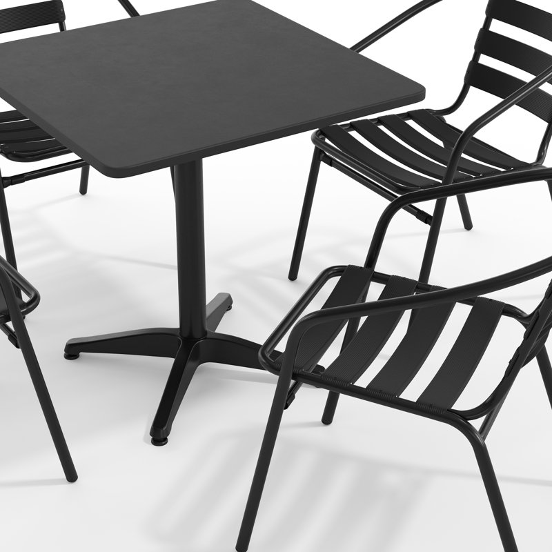 Amadea Square Aluminum Dining Table and 4 Slat Back Chairs Set, Black, 27.5" H x 27.5" W x 27.5" D