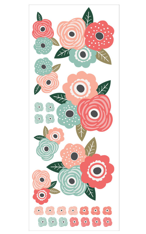 Décalcomanie murale fleur pour enfants, Corail chic / menthe