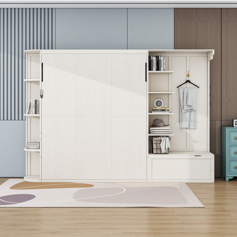 Grand lit escamotable en bois avec tablettes et lumières, Blanc