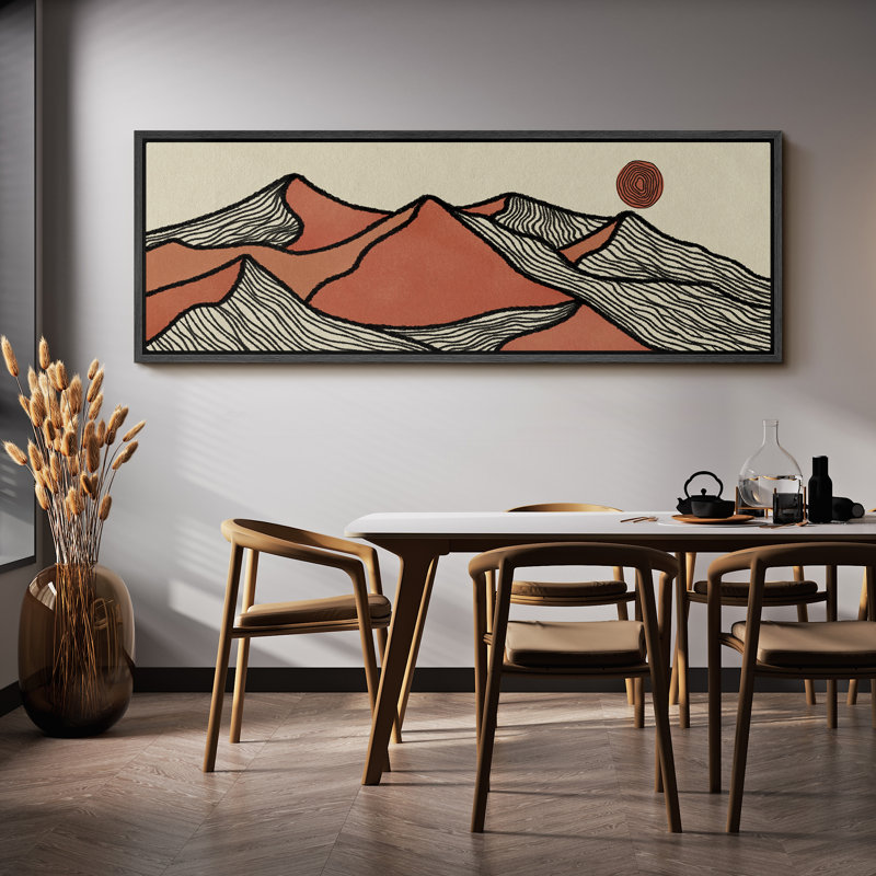 Soleil et lune stylisés, montagnes, paysage, soleil rouge, H 20 po x l 60 po, Noir, noir, noir, noir