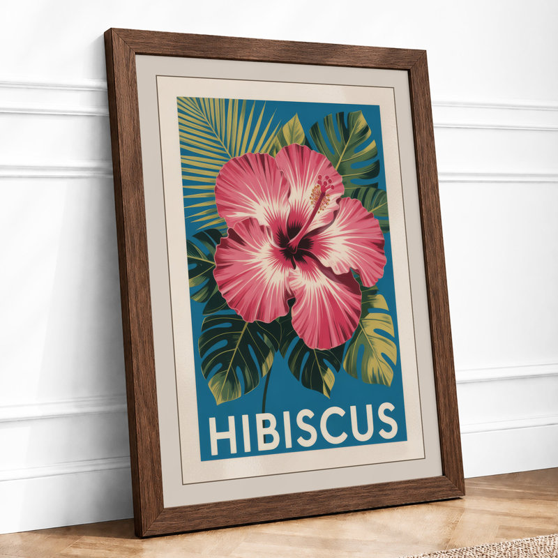 Pink Hibiscus Study Botanical - Framed Print, A4 - 29.7 x 21.0 cm, Walnut