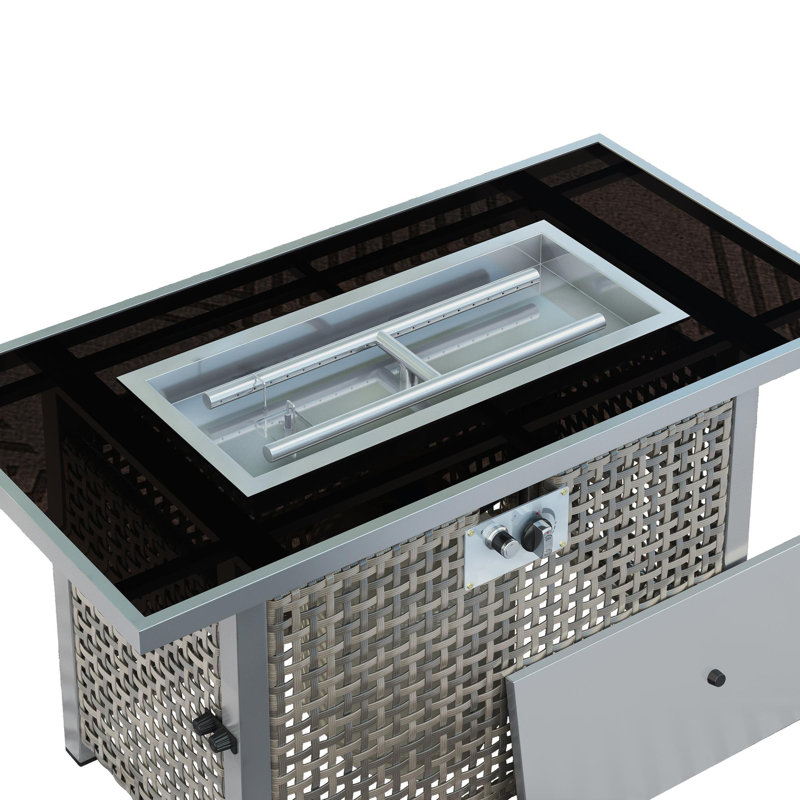 43" Propane Gas Fire Pit Table, 60000 BTU, Rectangular,Open Weave Wicker,with Glass Wind Guard, Gray