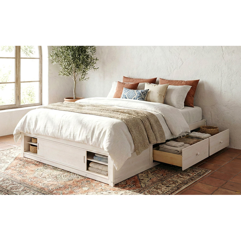 Structure de lit plateforme grand format avec 4 tiroirs de rangement et casier de rangement au pied de lit, Blanc