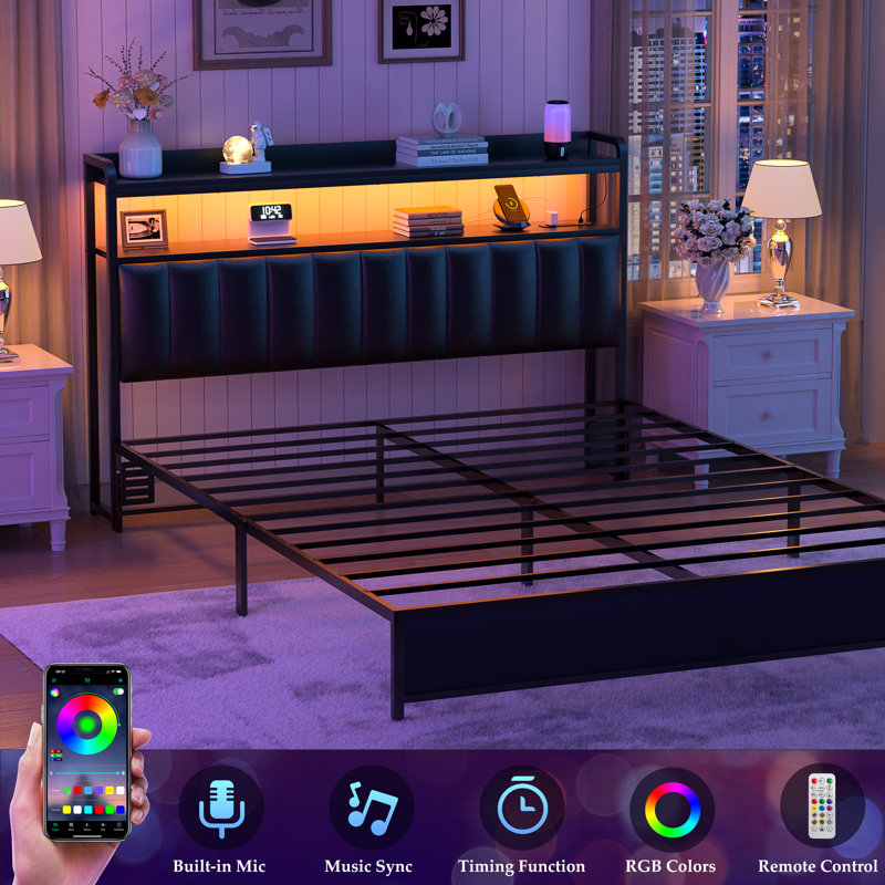 Upholstered Headboard with LED Lights and Charging Station, Full XL