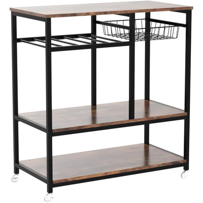 17 Stories Rustic Brown Kitchen Baker's Rack With Microwave Stand, 3-Tier Storage Shelf With Heavy-Duty Metal Frame & Casters, 84X40X85Cm
