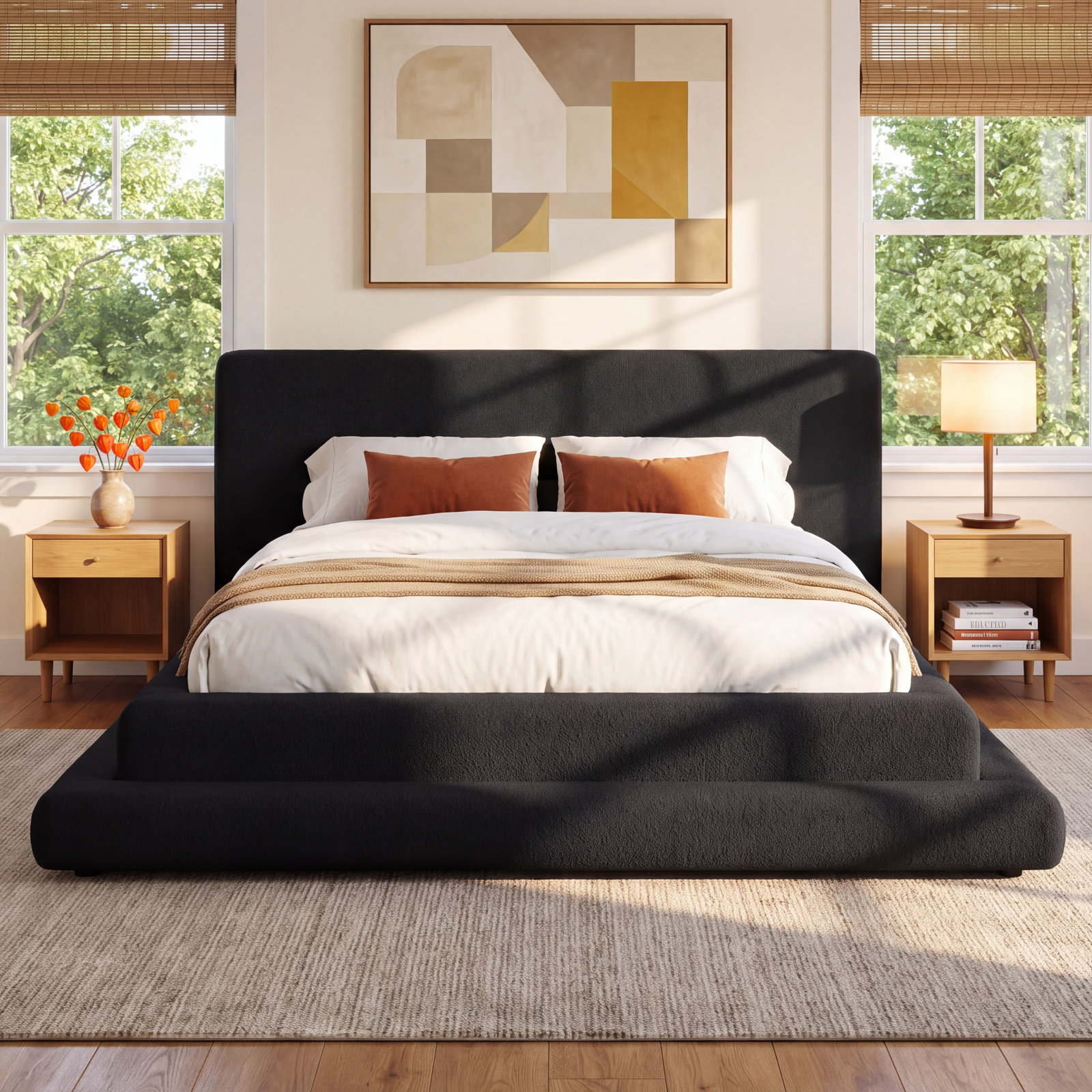 Hoffarth Upholstered Bed, Full/Double, Black Faux Shearling Teddy Fabric