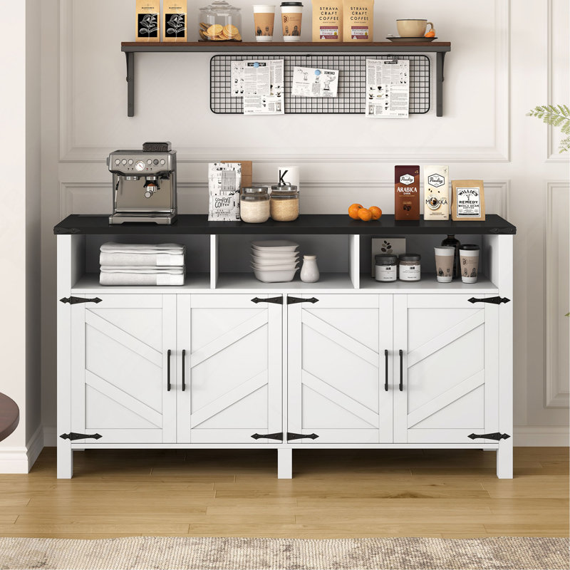 Kylith 59'' Farmhouse 4-Door Sideboard Buffet With Power Outlets & USB Ports And Open Shelf, White