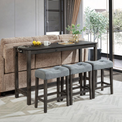 4 Piece Bar Table Set With Power Outlet,Bar Table Set With Chairs,Sofa Bar Table With Stools,Behind Couch Table With 3 Padded Stools,For Living Room,Dining Room