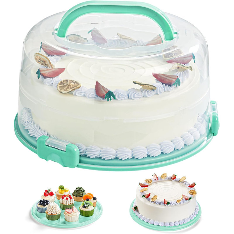 Cake Carrier With Lid And Handle, Two Sided Cupcake Carrier Holder For 10” Cake Or 9 Standard-sized Cupcakes, Plastic Round Cake Transport Storage Container Stand For Pies And Cookies, Green