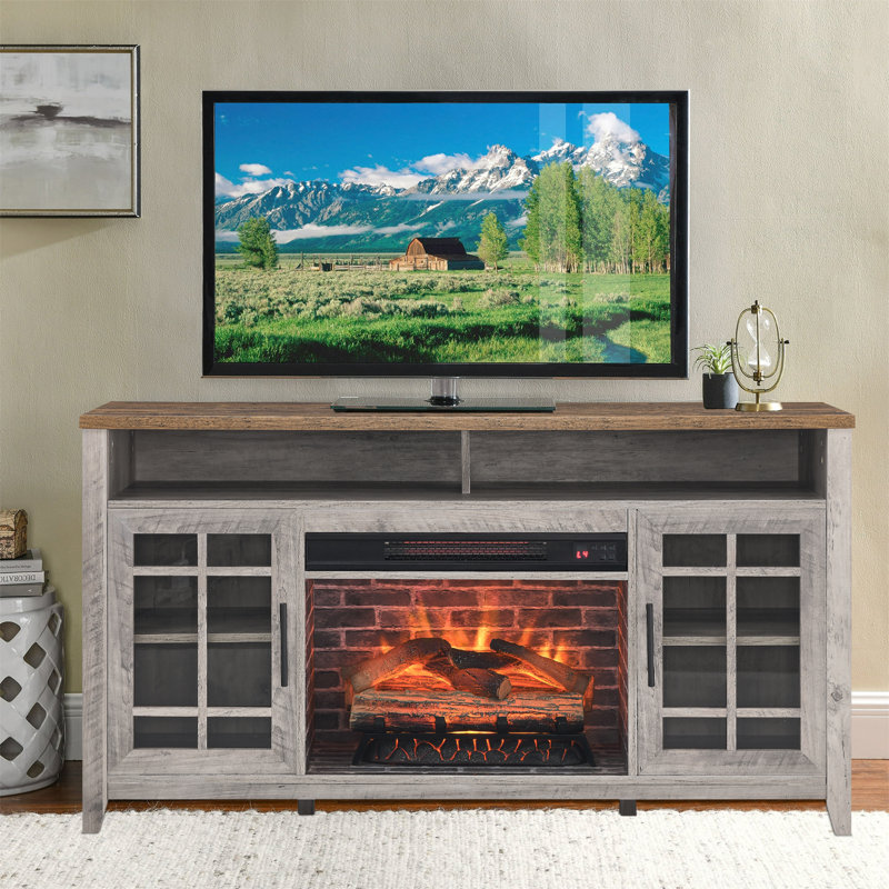 Meuble télé avec foyer électrique Kd, gris délavé