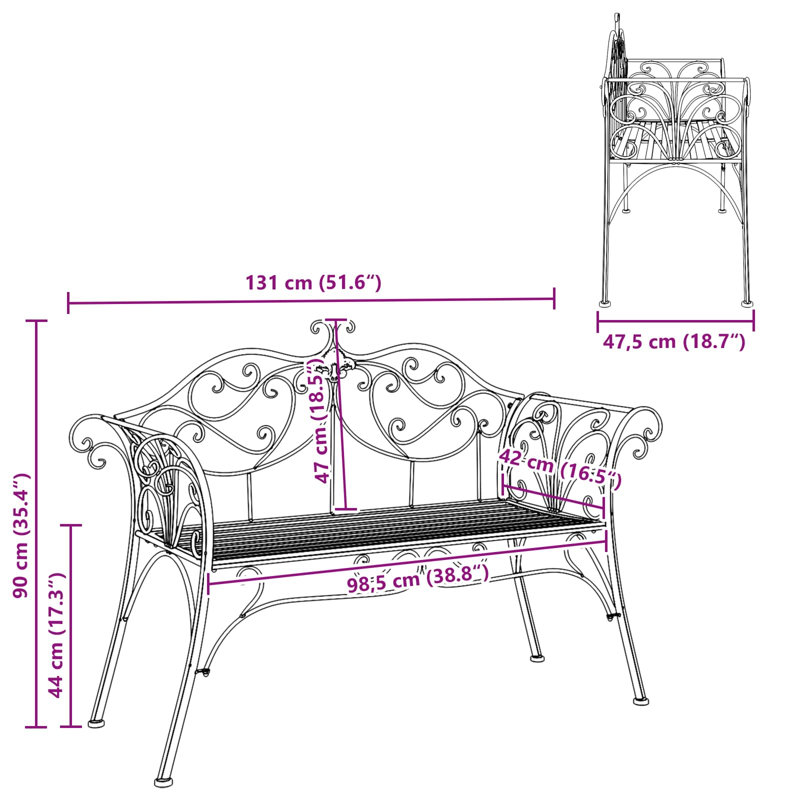 Outdoor Bench, 90cm H x 130cm W x 47cm D, Black