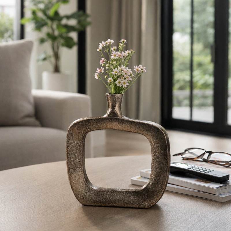 Vase moderne en métal avec ouverture ajourée pour décoration intérieure - Grand vase à fleurs pour table basse, décoration de cheminée ou tablette - doré