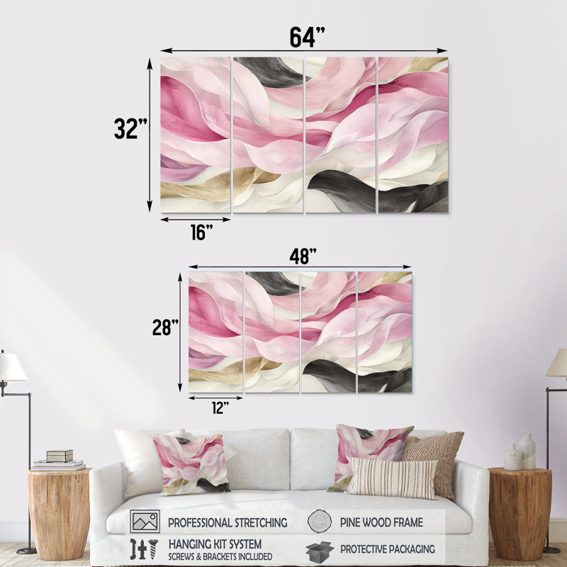 «Rose et blanc captivant marbre III», ensemble de toiles abstraites modernes, H 32 po x l 64 po