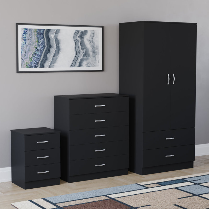 Maybery 3 Piece Bedroom Set (3 Drawer Bedside Chest, 5 Drawer Chest, 2 Door 2 Drawer Wardrobe), (4), Black