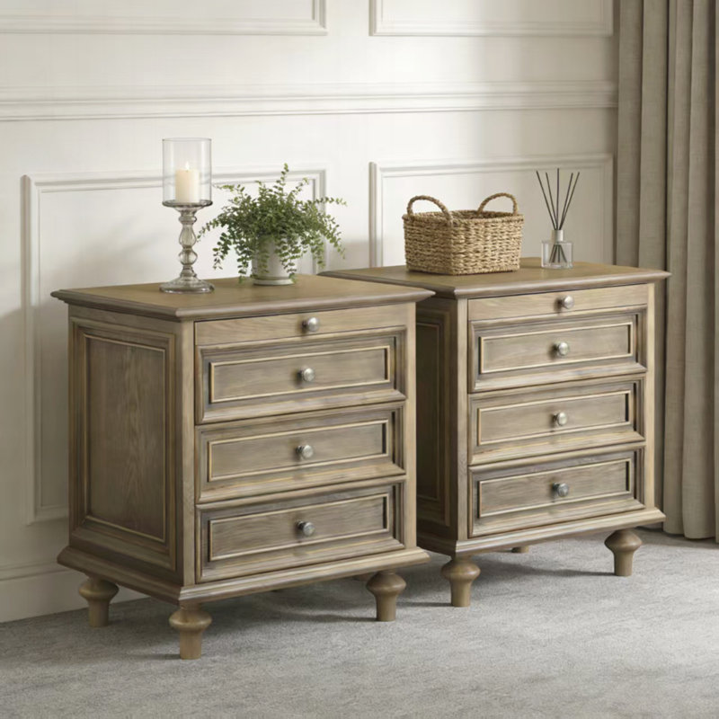 Farmhouse Nightstands with 4 Drawer,Wood Storage End Table with Hidden Pull-Out Shelf, Light Brown, Set of 2