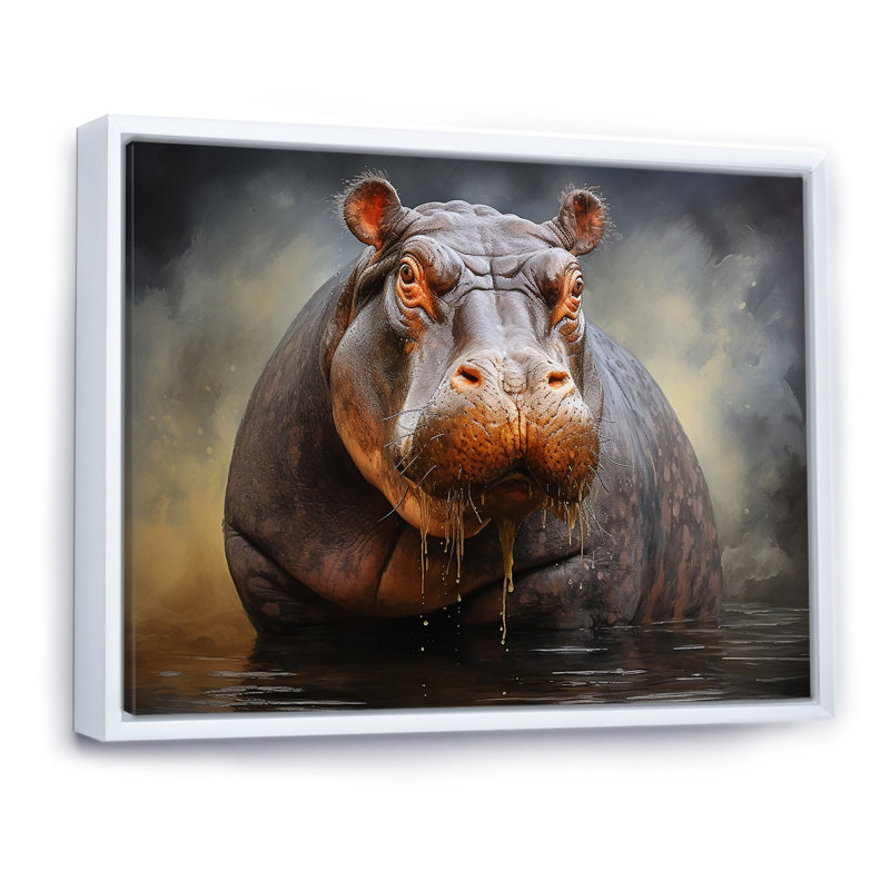 Gris majestueux, élégance hippopotame I - art mural hippopotame, Cadre flottant blanc, H 34 po x l 44 po x P 1,5 po