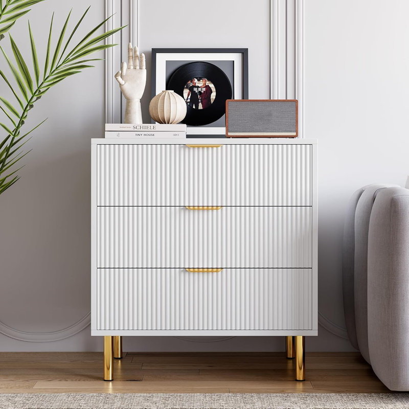 3-Drawer Wood Dresser with Gold Handles – Modern Storage Chest for Bedroom, Living Room, Closet, Entryway, White