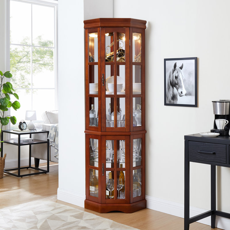 Corner Curio Cabinet with 5 Shelves And A Lighting System, In Walnut (E26 Light Bulb Not Included), Walnut