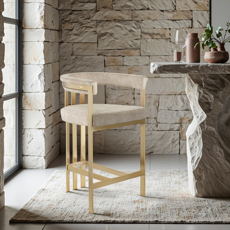 Marcello Upholstered 26.4" Counter Stool with Metal Frame, Beige Velvet