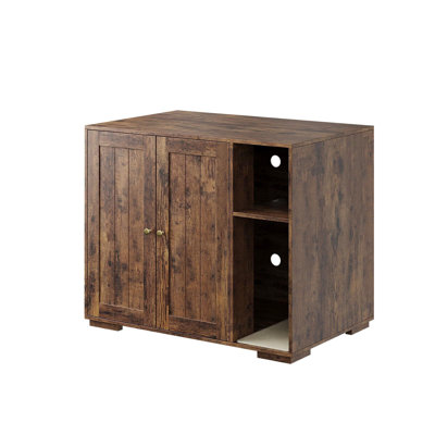 Cat Litter Box Furniture with Power Outlet, Hidden Litter Box Cabinet with Storage Divider & Double Doors, Wooden Cat Washroom Side Table