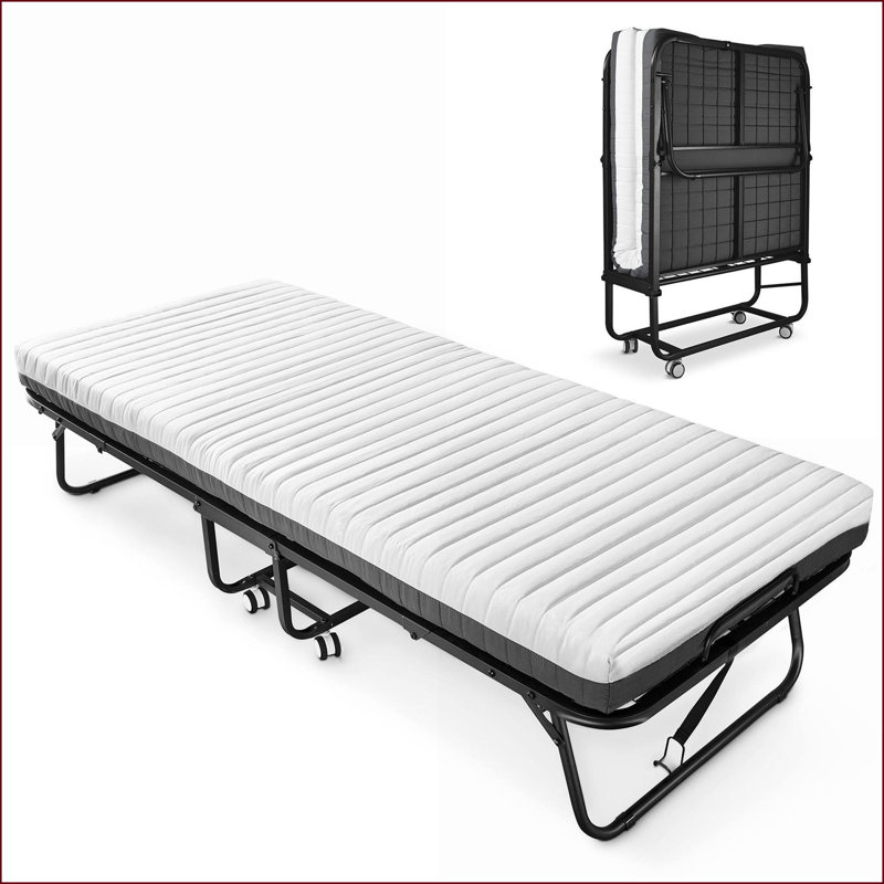 46”W x75”L Portable Folding Roll Away Bed with Memory Foam Mattress, Black Iron Frame White Gray for Guest Room