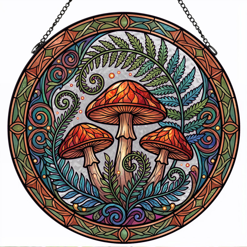 Panneau de vitrail en forme de fougère champignon, H 12 po, H 7,8 po